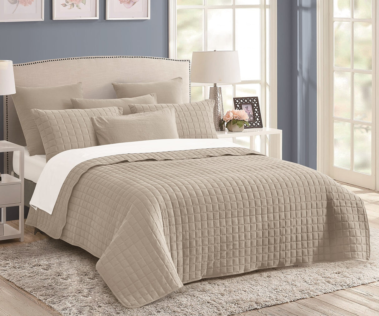 7 Piece Quilted Stone Wash Comforter Set | 7pc All Season Quilted Bedding Set | 2 Sizes - 5 Colours