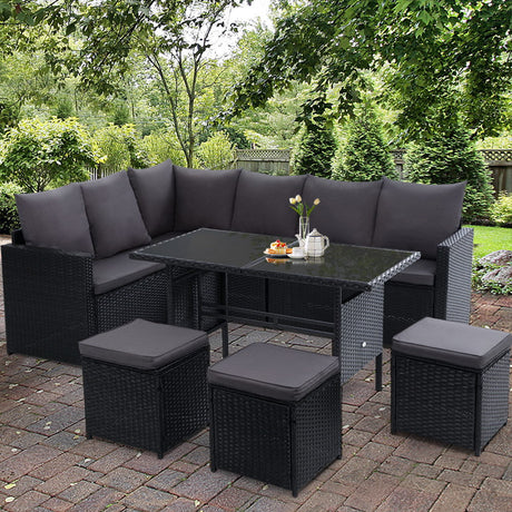 Budva Luxe 9 Piece Outdoor Wicker Furniture Patio Set | Modern Rattan Quality 9pc Sofa Set Outdoor Dining Set in Black