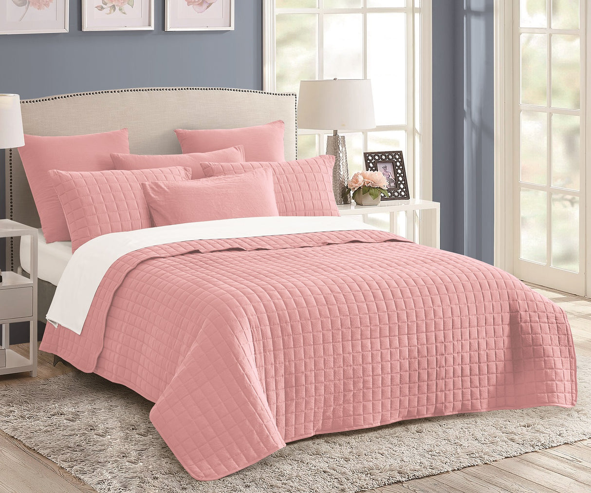 7 Piece Quilted Stone Wash Comforter Set | 7pc All Season Quilted Bedding Set