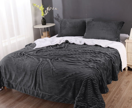 3pc Embossed Warm Sherpa Comforter Blanket Set | 4 Colours - 2 Sizes