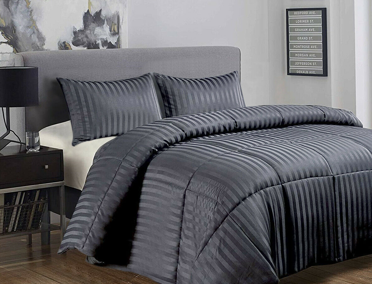 Ramesses 3 Piece Damask Stripe Comforter Set 3pc All-Season Filled Bedding Set | 3 Sizes - 10 Colours